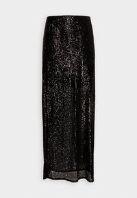 Svart, glittrande golvlång kjol med en glansig effekt, med rak design och genomskinlig textur, perfekt för formella tillfällen.