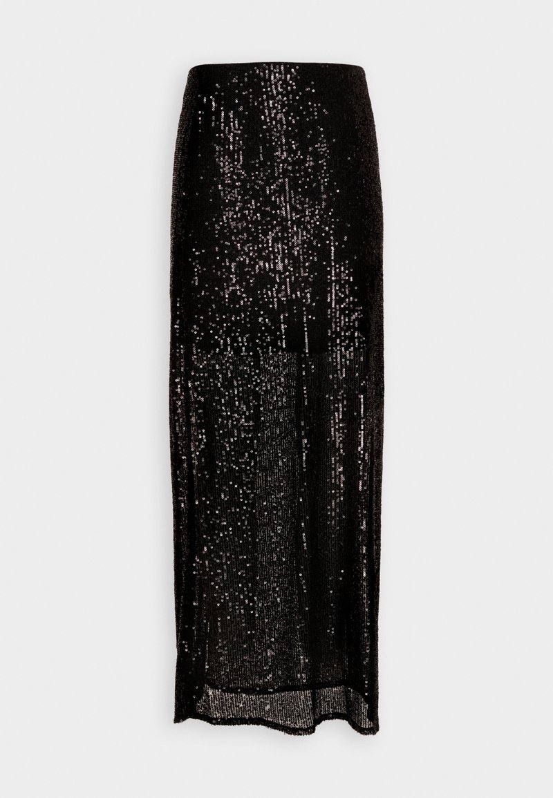 Svart, glittrande golvlång kjol med en glansig effekt, med rak design och genomskinlig textur, perfekt för formella tillfällen.