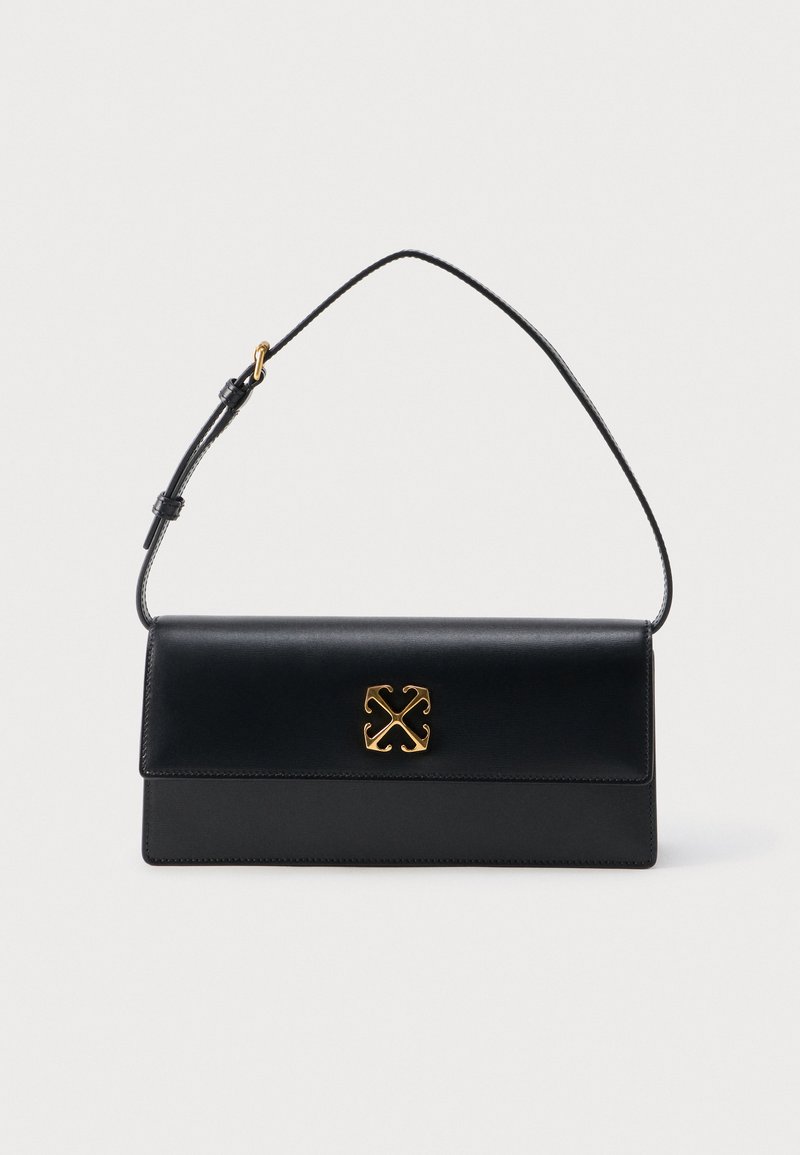 Μαύρη ορθογώνια δερμάτινη τσάντα ώμου με ρυθμιζόμενο λουρί και χρυσό διακοσμητικό κούμπωμα στην εμπρόσθια φλάπα.