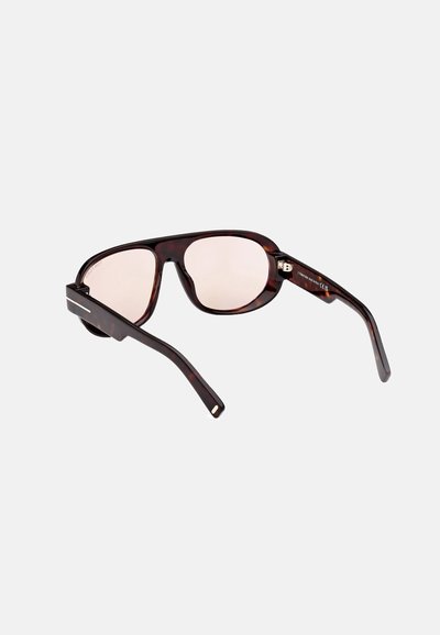 Brown tortoiseshell sunglasses with a rectangular frame, pink lenses, and smooth texture. Features metal accents on the arms.