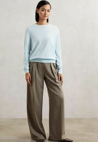 Hellblauer, langärmeliger Pullover mit rundem Halsausschnitt, kombiniert mit hochgeschnittenen, weiten braunen Hosen, die einen lockeren Sitz kreieren.