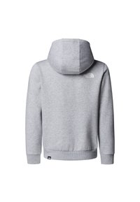 Hanorac gri cu glugă, din material fleece, prevăzut cu manșete și tiv canelate, cu un logo alb pe partea superioară a spatelui.