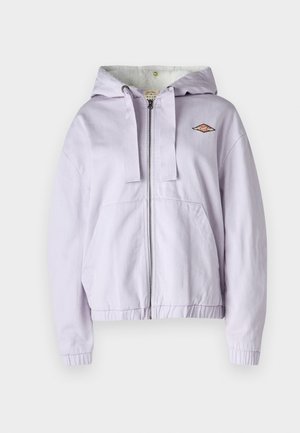 Lavendel Zip-Hoodie mit weicher Innenseite, gerippten Bündchen und Saum. Mit gesticktem Logo auf der Brust und zwei Fronttaschen.