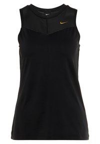 Czarny sportowy top na ramiączkach z siateczkową wstawką przy dekolcie oraz złotym logo Nike na górnej lewej stronie. Gładka faktura, bez rękawów.