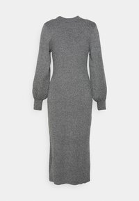 Grå stickad klänning med en figurnära silhuett, långa puffärmar, rund hals och ribbad struktur, som sträcker sig till midjen.