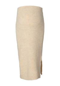 Gebreide midi rok in lichtbeige, met een geribbelde textuur en een zijopening. Elastische tailleband voor een goede pasvorm.