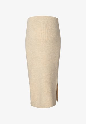 Gebreide midi rok in lichtbeige, met een geribbelde textuur en een zijopening. Elastische tailleband voor een goede pasvorm.