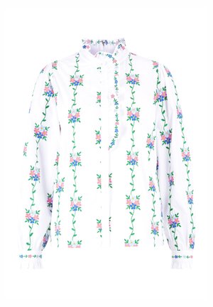 Camicia bianca a maniche lunghe con un motivo floreale con accenti rosa, blu e verdi. Dettagli con collare e polsini arricciati. Texture morbida.