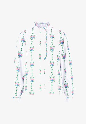 Hvid langærmet bluse med et blomsterdesign i pink, blå og grønne nuancer. Flæsekant ved kraven og manchetterne. Blød tekstur.