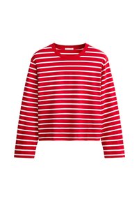 Chemise à manches longues rouge et blanche avec des rayures horizontales et un col rond sur fond blanc.
