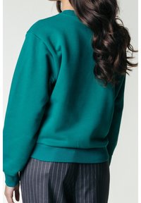 Persona con lunghi capelli ricci scuri, che indossa un felpa color turchese e pantaloni a righe grigio scuro, mostrata di spalle su uno sfondo neutro.