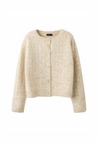 Beige adīts kardigans ar apaļu kakla izgriezumu, pogu aizdari un strukturāliem rakstiem ar maziem izvirzītiem punktiņiem. Ribotas piedurknes un apakša.