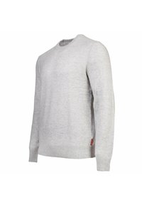 Maglione grigio chiaro a maniche lunghe con scollo rotondo, dotato di polsini e orlo a costine, mostrato inclinato da destra in avanti.