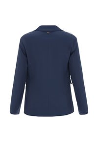 Marineblauw jack met kraag, lange mouwen en een nauwsluitende pasvorm. Gladde stof zonder zichtbare patronen of versieringen.