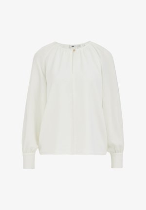White long-sleeve blouse with a round neckline, gathered shoulder seams, and a single button closure at the front. Smooth fabric texture.