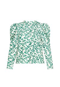 Maglietta a maniche lunghe in tessuto a costine con una stampa leopardata verde su sfondo bianco. Le maniche a palloncino e la silhouette aderente sono elementi di design notevoli.