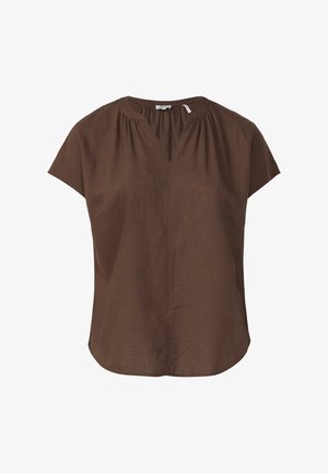 Bruine blouse met korte mouwen en een V-hals, met geplooide details bij de schouders, gemaakt van lichtgewicht stof, met een licht gebogen zoom.