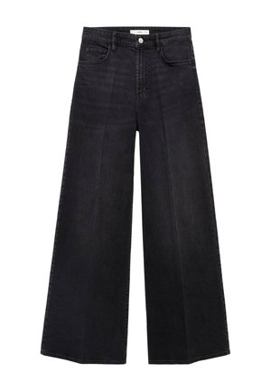 Jean en denim noir à taille haute et jambes larges, avec une texture lisse, un design à cinq poches et une fermeture à bouton au niveau de la taille.