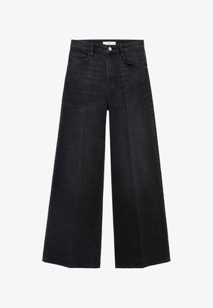 Jean en denim noir à taille haute et jambes larges, avec une texture lisse, un design à cinq poches et une fermeture à bouton au niveau de la taille.