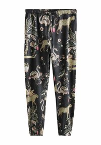Melni sporta bikses ar krāsainu džungļu rakstu, kurā attēloti leopardi, flamingo un tropiskie augi. Izgatavotas no mīksta, viegla auduma ar elastīgu jostu.