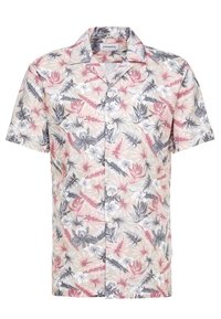 Camisa de manga corta con un estampado floral en rosa, gris y blanco, sobre un fondo claro y con cuello estándar. Fabricada en tejido ligero.