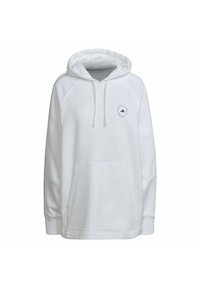 Vit hoodie med en stor framficka, justerbar dragskohet och en cirkulär logotyp på vänster bröstområde. Mjuk tyg, avslappnad passform.