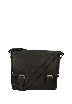 Borsa a tracolla nera in pelle con tracolla regolabile, forma rettangolare, superficie testurizzata, chiusure a doppia fibbia e patch logo frontale.