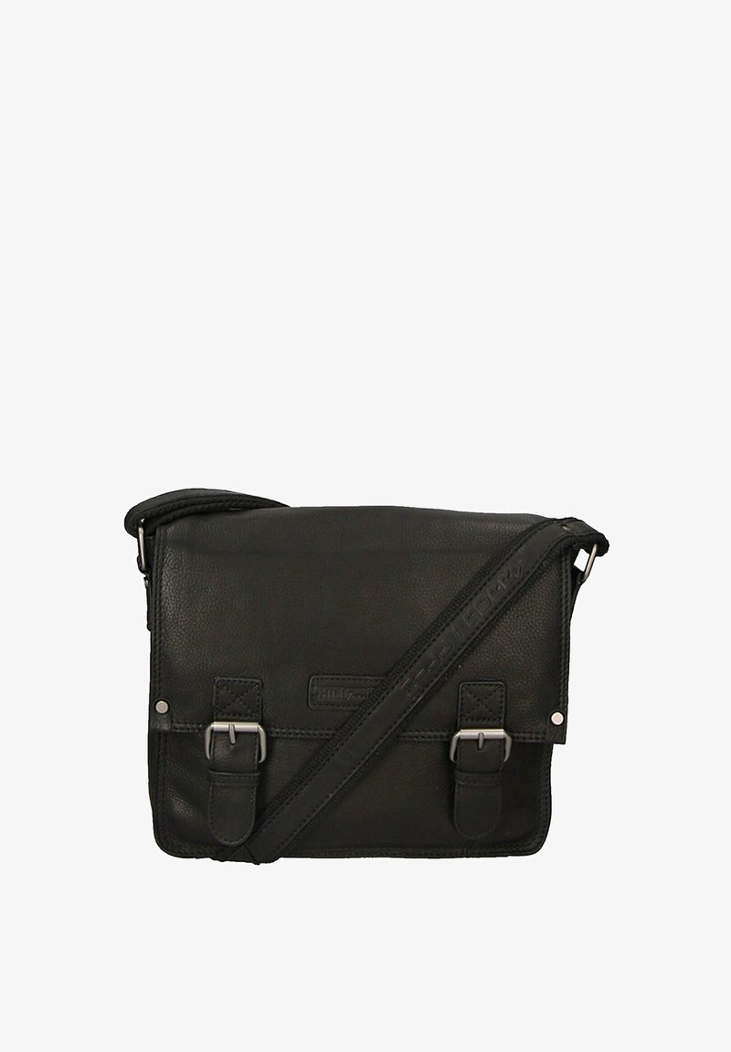 Sac messager en cuir noir avec bandoulière réglable, forme rectangulaire, surface texturée, fermetures à double boucle et écusson logo sur le devant.