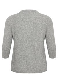 Pull gris de longueur moyenne avec manches trois-quarts, texture douce, col rond et coupe décontractée. Sans motifs ni accents remarquables.