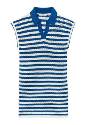 Haut en maille sans manches rayé bleu et blanc avec un col bleu et une ouverture en V.