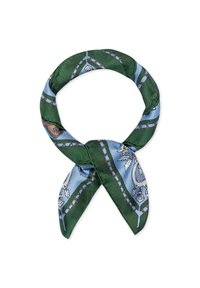 Silk scarf featuring green and blue colors with intricate patterns, a smooth texture, and a tied design. Suitable for versatile styling.