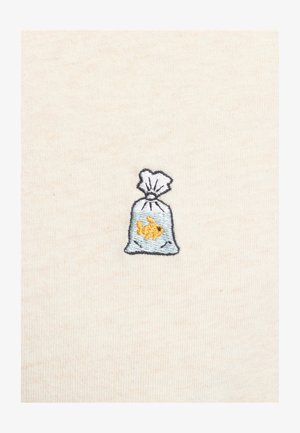 Embroidered patch of a fish in a transparent bag with a tied opening, on a cream-colored background. The fish is yellow, accenting the design.