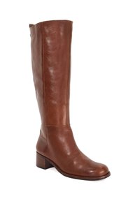 Brown leather knee-high boot with a smooth texture, rounded toe, and a stacked heel. Features minimal stitching and a straight design.