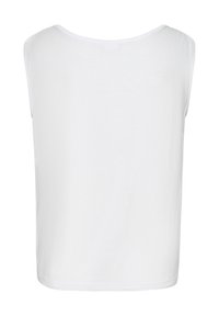 Weißes ärmelloses Oberteil mit Rundhalsausschnitt, aus weichem Stoff gefertigt. Besitzt einen lockeren Schnitt und ein glattes, nahtloses Rückendesign.