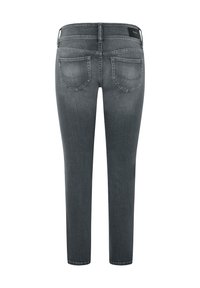 Šedé skinny džíny mají středně vysoký pas, dvě zadní kapsy a hladkou texturu, s mírně vymytým vzhledem a prošitím.