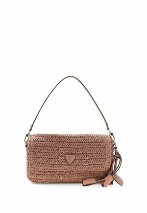 Brown woven rectangular handbag with short handle, triangular logo plaque, and decorative leather tassels on a white background.