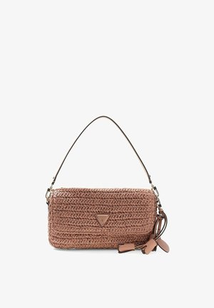 Brown woven rectangular handbag with short handle, triangular logo plaque, and decorative leather tassels on a white background.