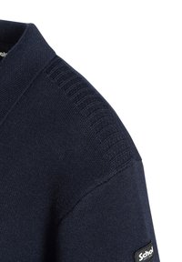 Marineblauer Strickpullover mit einem strukturierten, gerippten Schulterdesign und einem kleinen Markenlogo am Ärmel. Weicher Stoff, taillierte Form.