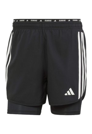 Pantalones cortos de running negros con el logo blanco de Adidas y tres rayas verticales en cada lado. Cintura elástica con el texto "RUNNING". Incluye forro interior.