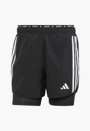 Pantalones cortos de running negros con el logo blanco de Adidas y tres rayas verticales en cada lado. Cintura elástica con el texto "RUNNING". Incluye forro interior.