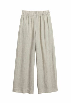 Hellbeige Leinenhose mit weitem Bein, elastischem Bund, lockerer Passform und knöchellangem Saum.
