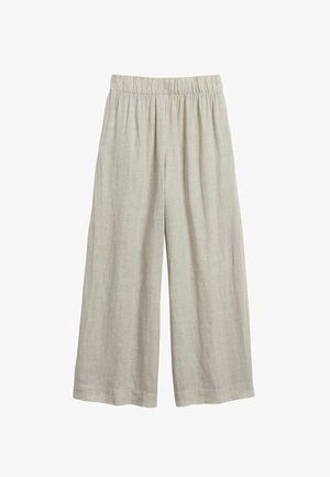 Hellbeige Leinenhose mit weitem Bein, elastischem Bund, lockerer Passform und knöchellangem Saum.