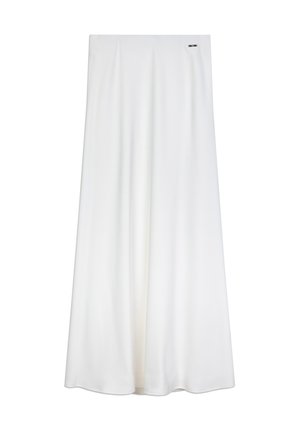 Hvid, lang nederdel lavet af glat stof, med en lige silhuet og subtile læg, med en lille sølvlogo nær linningen.