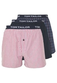 Three pairs of boxers: one red and white striped, one solid navy, and one navy plaid. All feature a black waistband with "TOM TAILOR" logo.