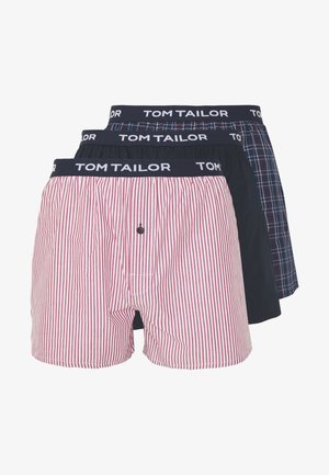 Three pairs of boxers: one red and white striped, one solid navy, and one navy plaid. All feature a black waistband with "TOM TAILOR" logo.
