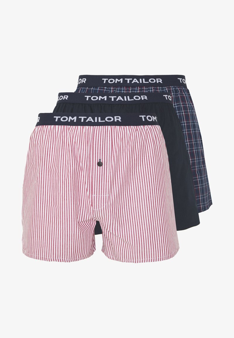 Three pairs of boxers: one red and white striped, one solid navy, and one navy plaid. All feature a black waistband with "TOM TAILOR" logo.