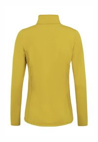Košile s dlouhými rukávy v jasně žluté barvě. Hladká, elastická tkanina s vysokým límcem a přiléhavým střihem. Žádné viditelné švy nebo vzory.