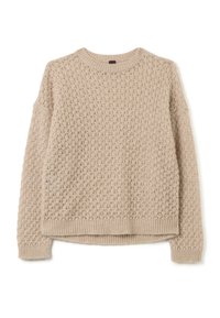 Maglione beige lavorato a maglia con un motivo a punto aperto e strutturato. Presenta un colletto rotondo e orlo a costine. Silhouette morbida.