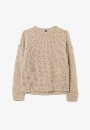 Beige knitted sweater with a textured, open stitch pattern. Features a round neckline and ribbed hem. Loose-fitting silhouette.