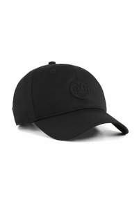 Sort baseball cap lavet af stof med en buet skygge. Har et præget, rundt logo på fronten og en struktureret krone.